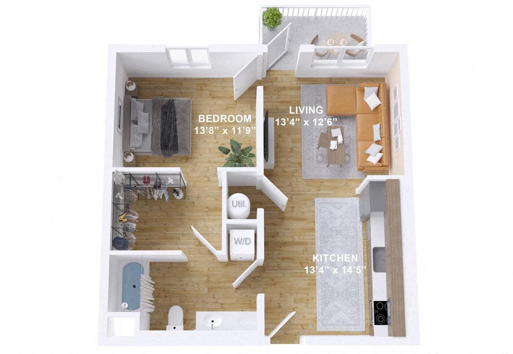 a stylized floor plan with a bedroom and a living room