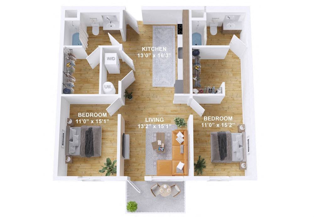 a bedroom floor plan with a living room and a dining room