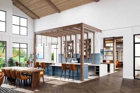 A modern dining room with a long table and chairs.