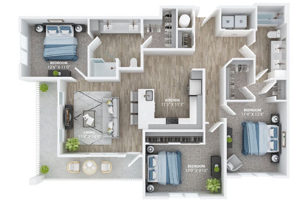 3Bed 2Bath Floor Plan at The Haven at Lake Britt Apartments, Winter Garden, Florida