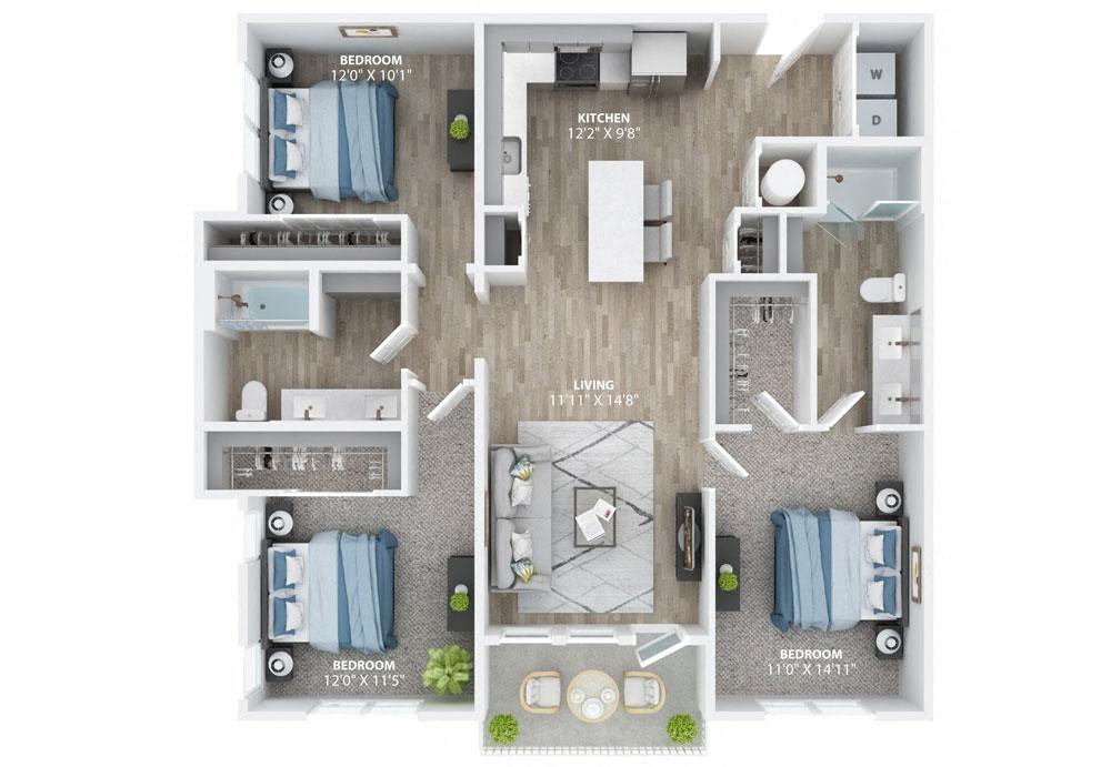 3Bd 2Ba Floor Plan at The Haven at Lake Britt Apartments, Winter Garden, 34787