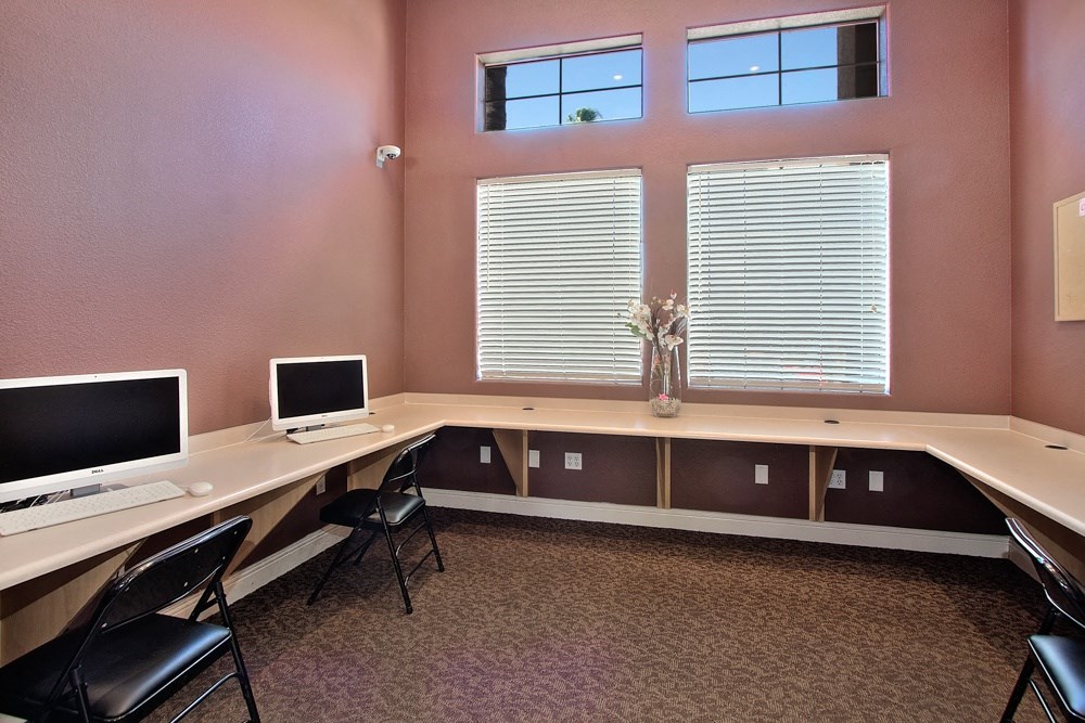 an office with two computer desks and two windows