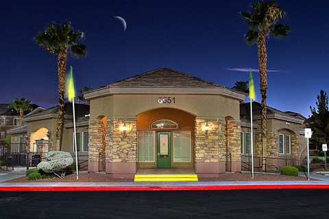 our building at night with palm trees and a moon