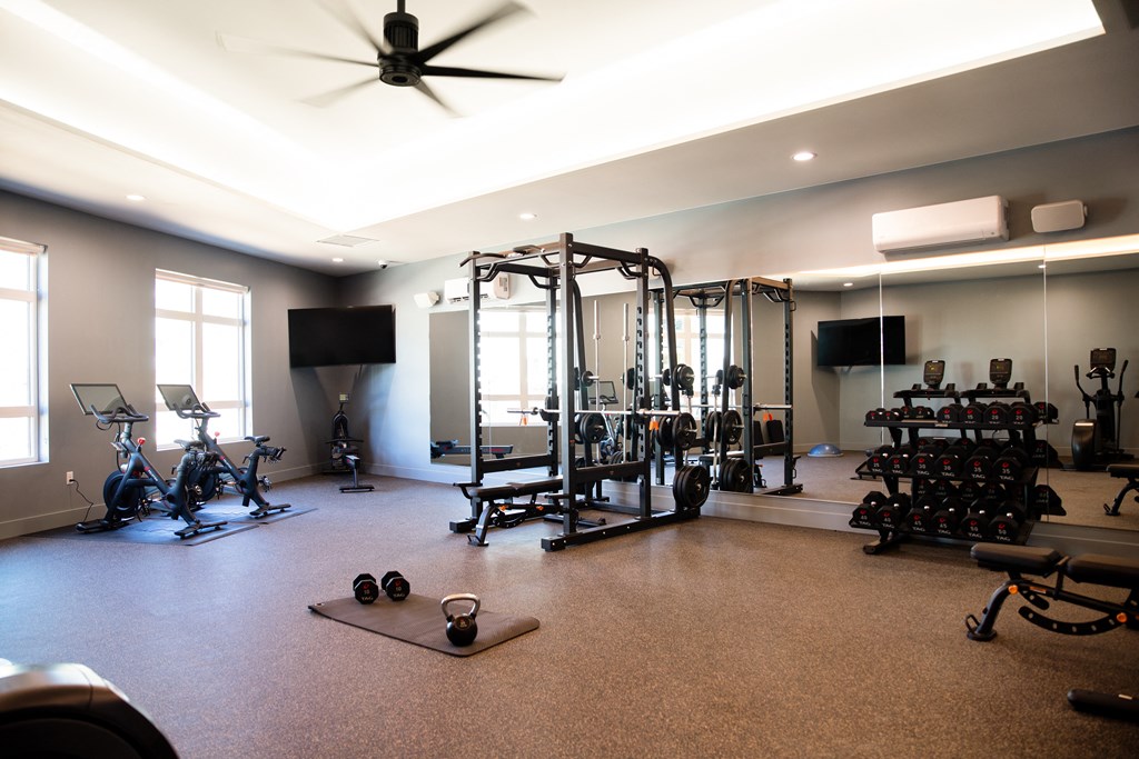 a home gym with weights and equipment and a ceiling fan
