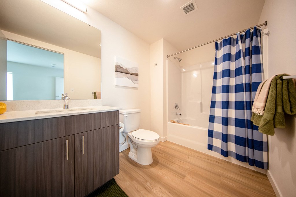 a bathroom with a blue and white shower curtain and a toiletat Scouter's Mountain, Oregon