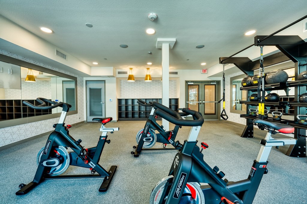 Spin bikes inside the fitness center at The Rey Downtown, Phoenix, AZ