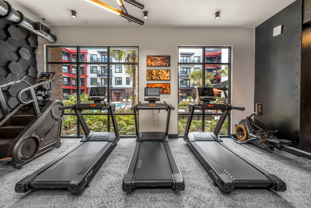 Three treadmills are lined up in a row in a gym.