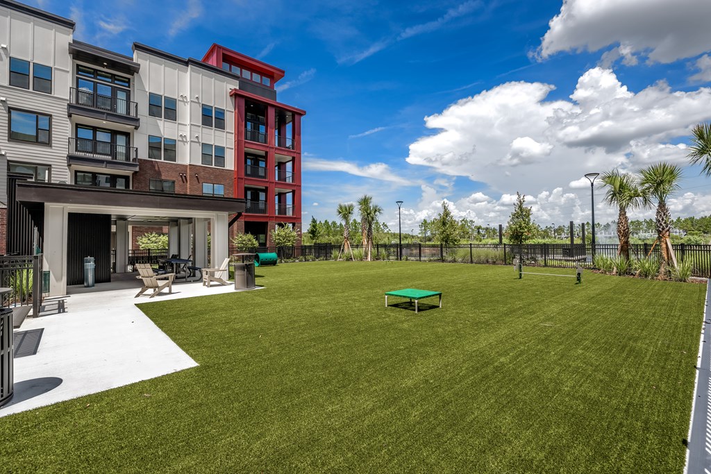 Huge dog park with pet friendly agility equipment and lake view surroundings