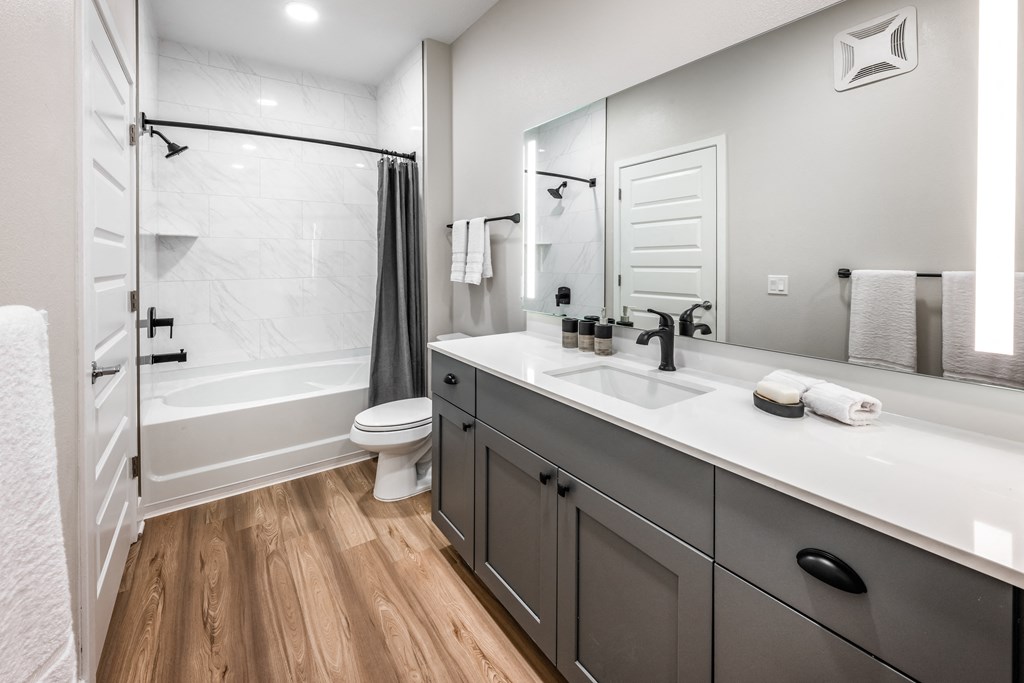 a bathroom with a sink and a shower and a toilet at The Alibi at Lake Lilly, Ocoee, FL