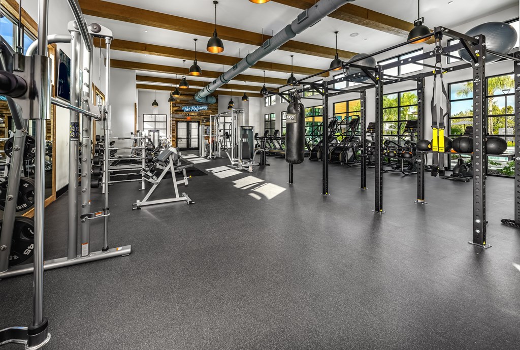 a gym with weights and cardio equipment on the floor and glass doors at The Alibi at Lake Lilly, Ocoee, FL