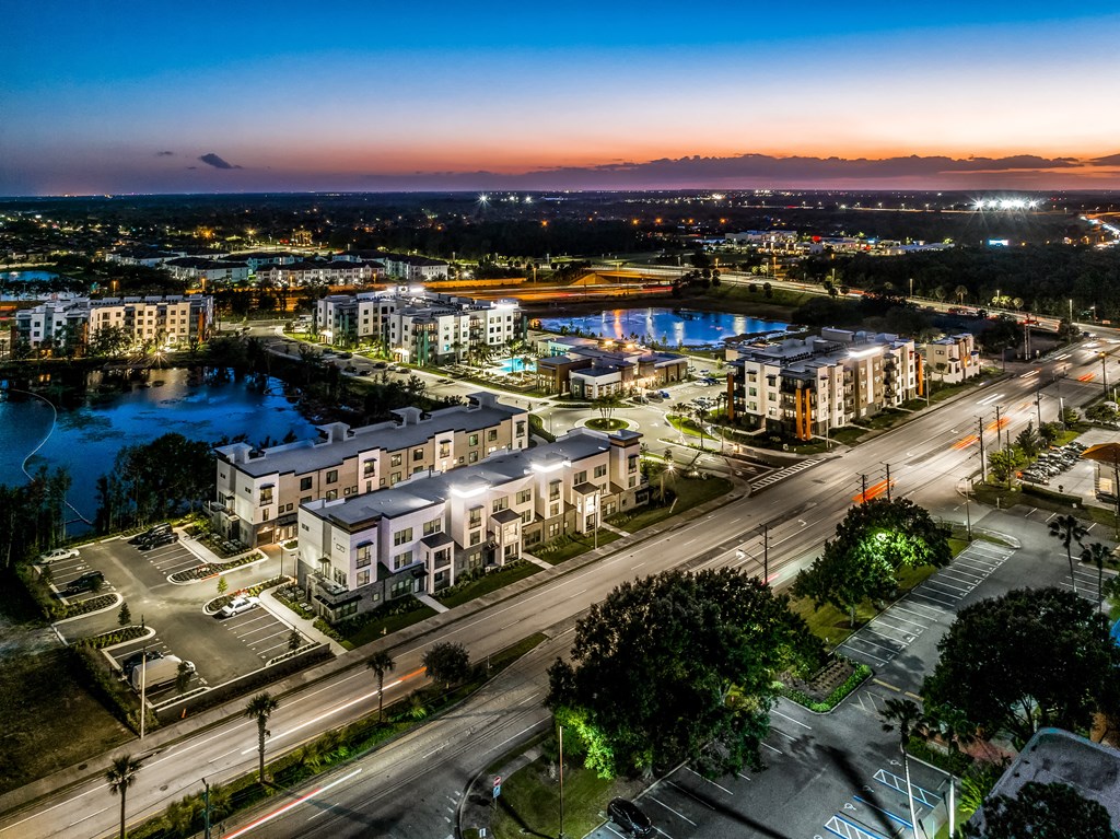 an aerial view of a city at night