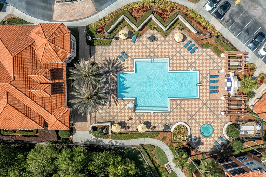 Arial view of the pool area at Rapallo Apartments in Kissimmee, Florida