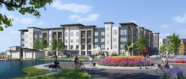 a rendering of a large apartment building with people riding bikes by Lake Britt