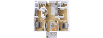 A floor plan of a home with a kitchen, living room, and three bedrooms.