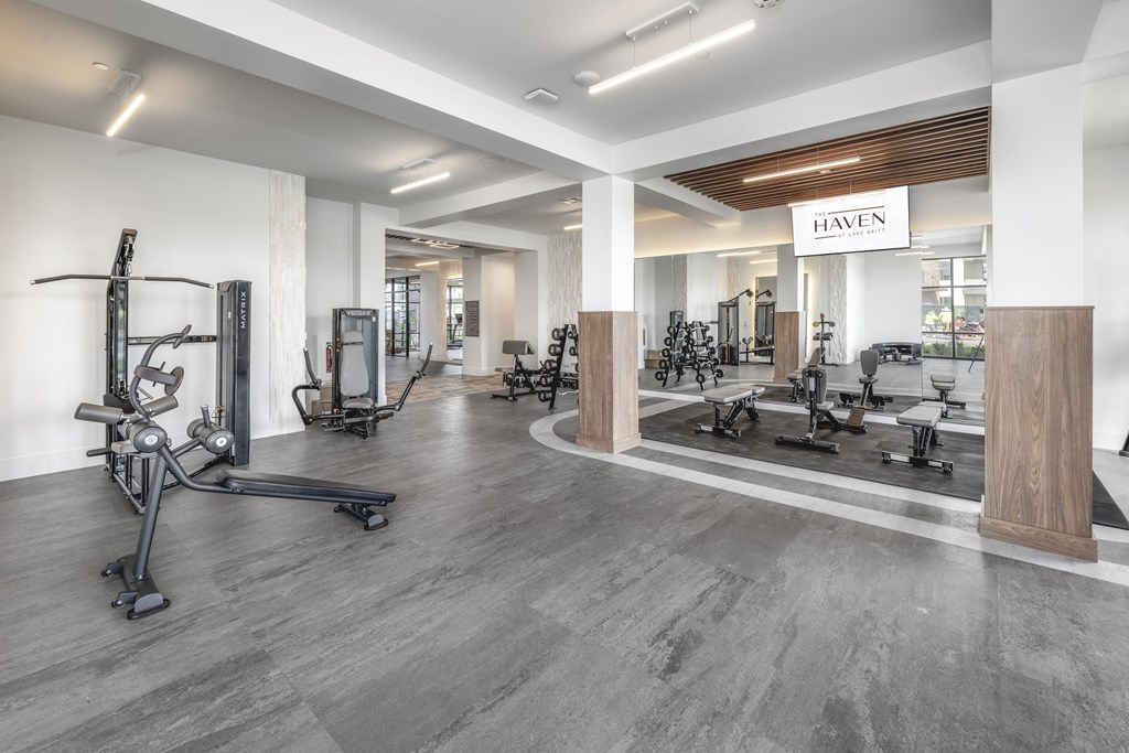 a gym with weights and other exercise equipment in a building with white walls a gym with weights and other exercise equipment in a building with white walls at The Haven at Lake Britt Apartments, Winter Garden, FL