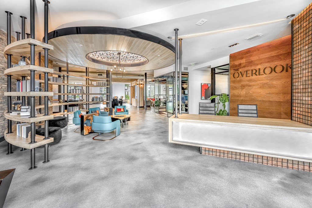 a rendering of the lobby of overlock bookstore with a reception desk and shelving at The Overlook, Winter Garden, FL, 34787