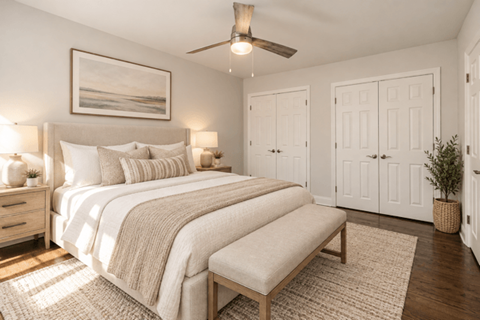 A bedroom with a large bed and a ceiling fan.