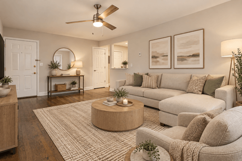 A living room with a beige couch, a coffee table, and a ceiling fan.