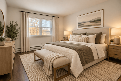 A bedroom with a large bed and a bench in front of it.