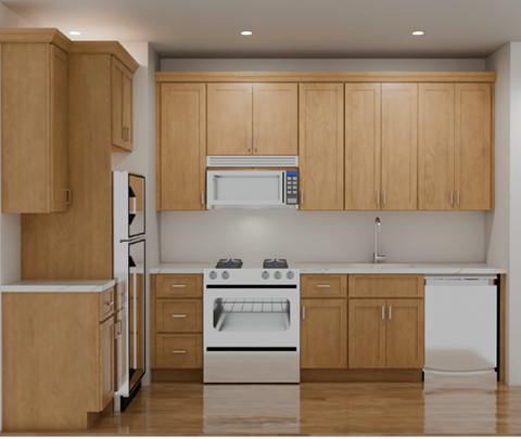 A kitchen with wooden cabinets and appliances.