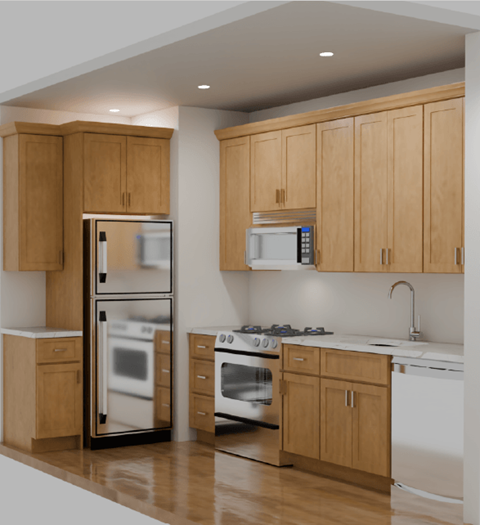 A kitchen with wooden cabinets and stainless steel appliances.