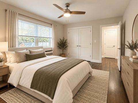 A bedroom with a large bed and a ceiling fan.