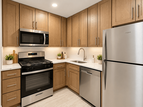 A modern kitchen with a stainless steel refrigerator, oven, and microwave.