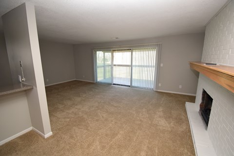 A living room with a fireplace and a sliding glass door.