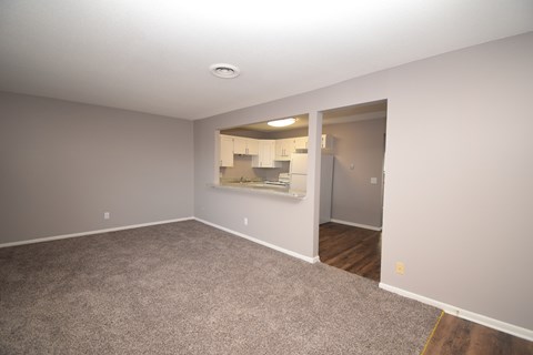 A room with a carpeted floor and a doorway leading to another room.
