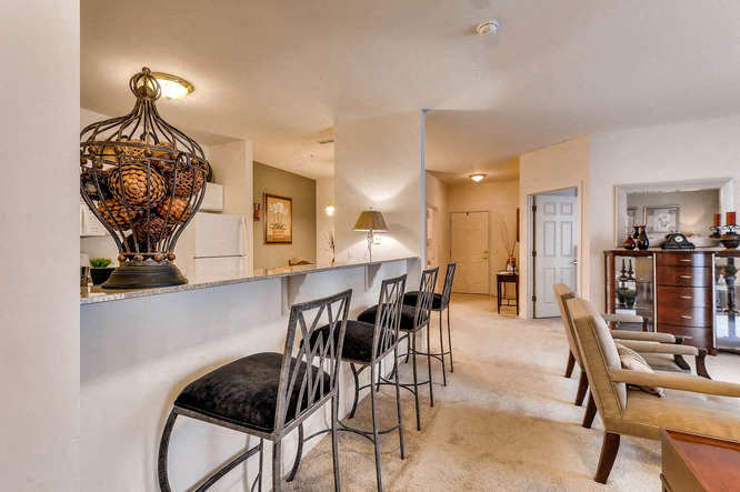 Kitchen bar with bar stools at The Sanctuary of Lake Villa, Illinois, 60046