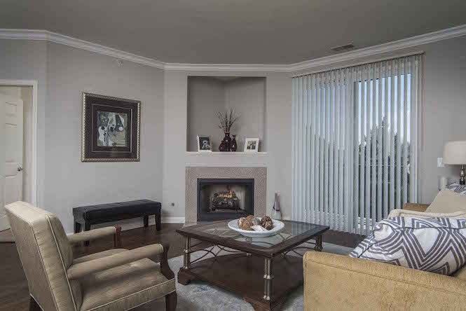 a living room with a fireplace and a couch