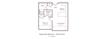 A floor plan of a bedroom with a living room, kitchen, bathroom, and closet.