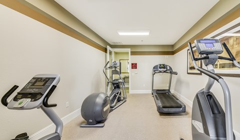 A gym with treadmills, elliptical machines, and a stationary bike at Oak Village Apartments, Oakland, CA