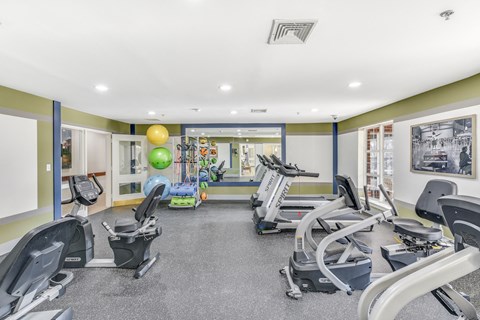 A gym with treadmills, exercise bikes, and elliptical machines at Manor at Victoria Park, Temple Hills, 20748