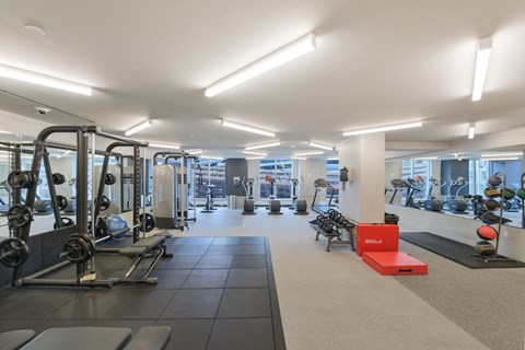 A gym with a variety of equipment including weights and cardio machines.