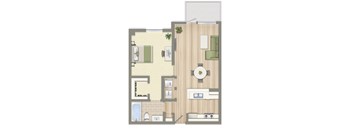 A floor plan of a house with a living room, dining room, kitchen, and bathrooms.