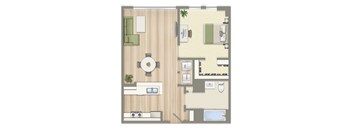 A floor plan of a house with a dining area, living room, kitchen, and bathroom.
