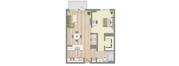 A floor plan of a house with a kitchen, living room, and bathroom.