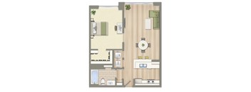 A floor plan of a house with a living room, dining room, kitchen, and bathroom.