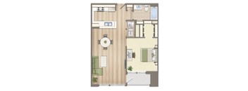 A floor plan of a house with a kitchen, living room, and bathroom.