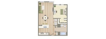 A floor plan of a house with a dining area, living room, kitchen, and bathroom.