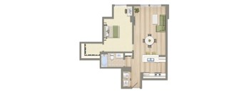 A floor plan of a house with a living room, kitchen, and bathroom.