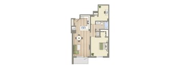 A floor plan of a house with a kitchen, living room, and bathroom.