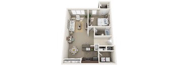 A 3D floor plan of a small apartment with a kitchen, living room, and bedroom.