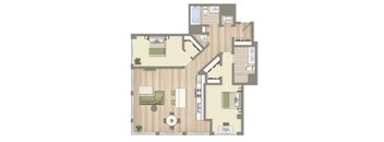 A floor plan of a house with a living room, kitchen, and two bedrooms.