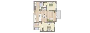 A floor plan of a house with a living room, dining room, kitchen, and two bedrooms.