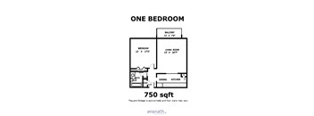 A floor plan for a one bedroom apartment sized at 750 sqft.