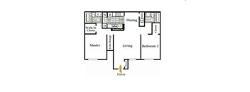 A floor plan of a house with a living room, two bedrooms, a dining area, a kitchen, a walk-in closet, and a master bedroom.
