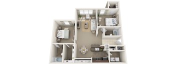A top-down view of a small apartment with a kitchen, living room, and two bedrooms.