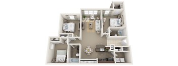 A 3D floor plan of a small apartment with two bedrooms, a living room, and a kitchen.